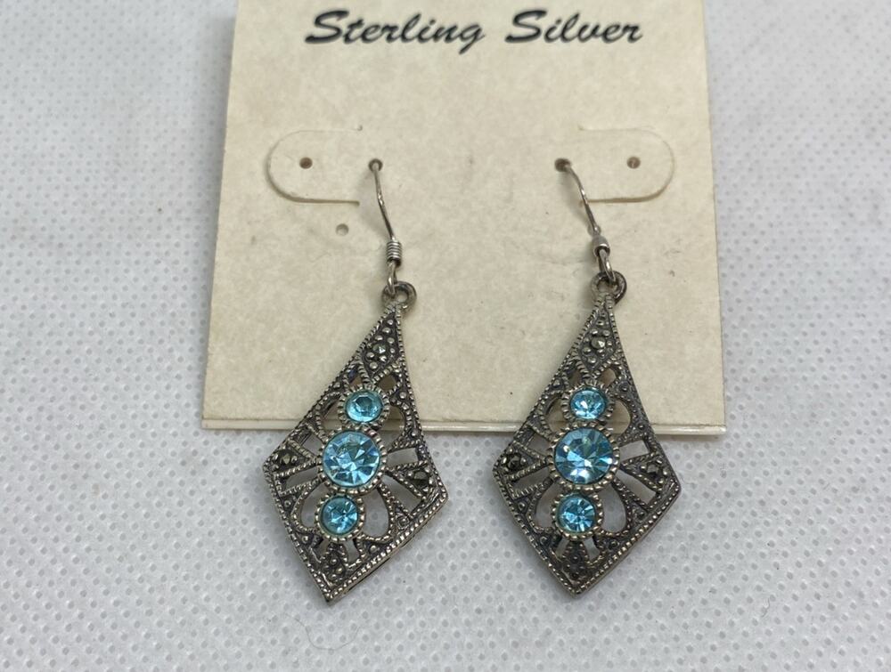 Vtg Marsala Art Deco Sterling Silver Dangle Blue Crystal & Marcasite Earrings